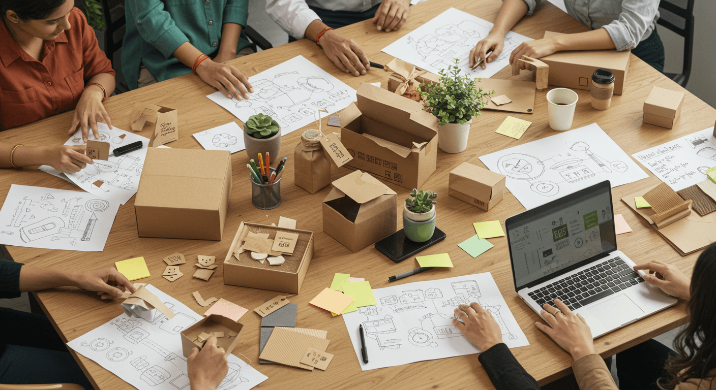 Team members collaborating on a sustainable packaging design